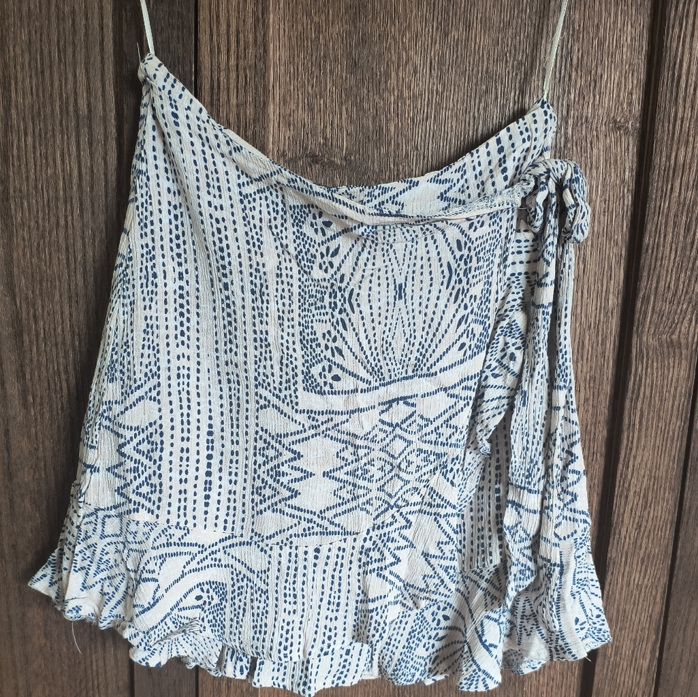 Faux Wrap Blue and White Patterned Mini Skirt